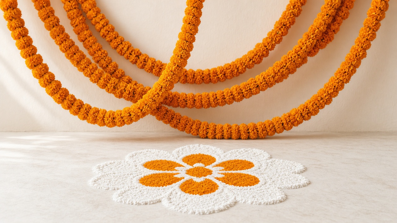 Marigold garlands and diyas for a house rite